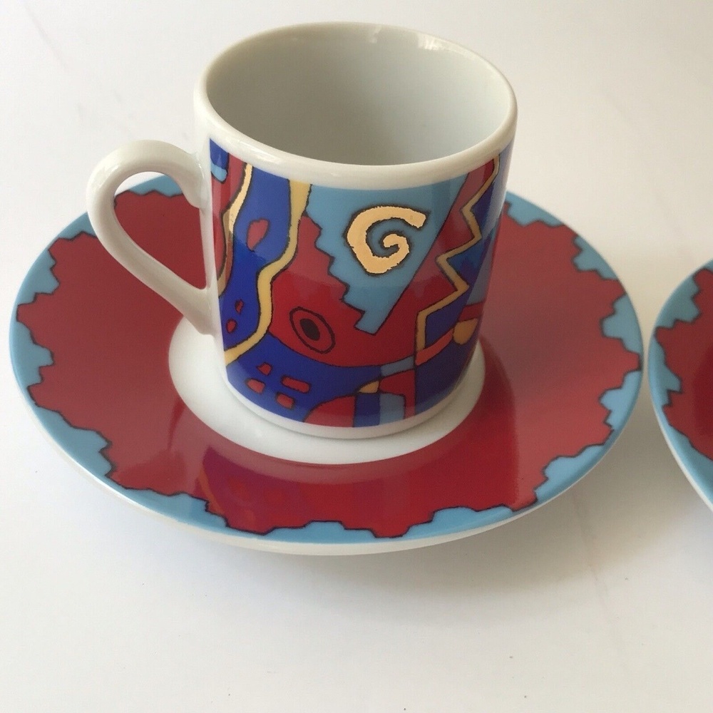 Berendsohn Art Deco Inka-Serie Espresso Cup 2 Saucers Italy Limited Edition EUC